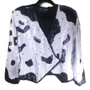 Vintage Jewel Queen 100% Silk Sequined Beaded Wrap Front Cow Print Jacket Medium